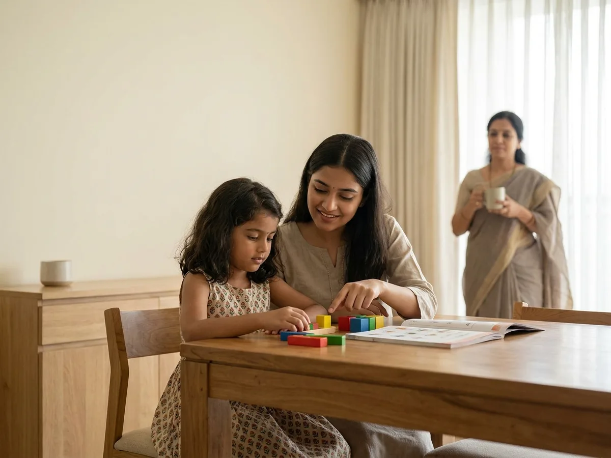 A young Indian primary-school student learning mathematics with counting blocks alongside a patient tutor at home while her mother is nearby