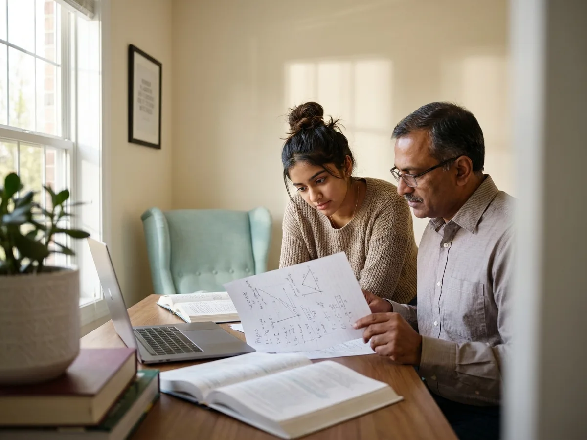 A senior-secondary Indian student and a specialist tutor discussing physics formulas and graphs at a modern study desk with a laptop and reference books
