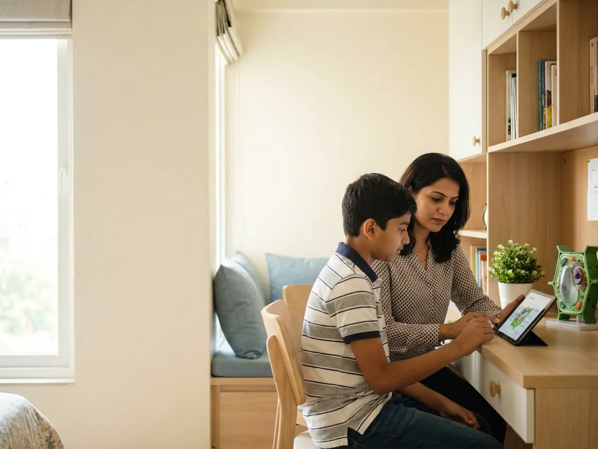 A middle-school Indian student studying a science diagram on a tablet with a professional tutor at an organised home study desk