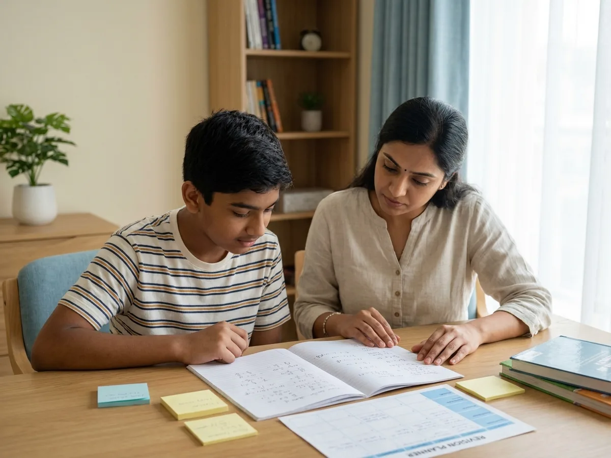 A Class 9 or 10 Indian student and a focused tutor reviewing mathematics problems with a revision planner in a sophisticated study room