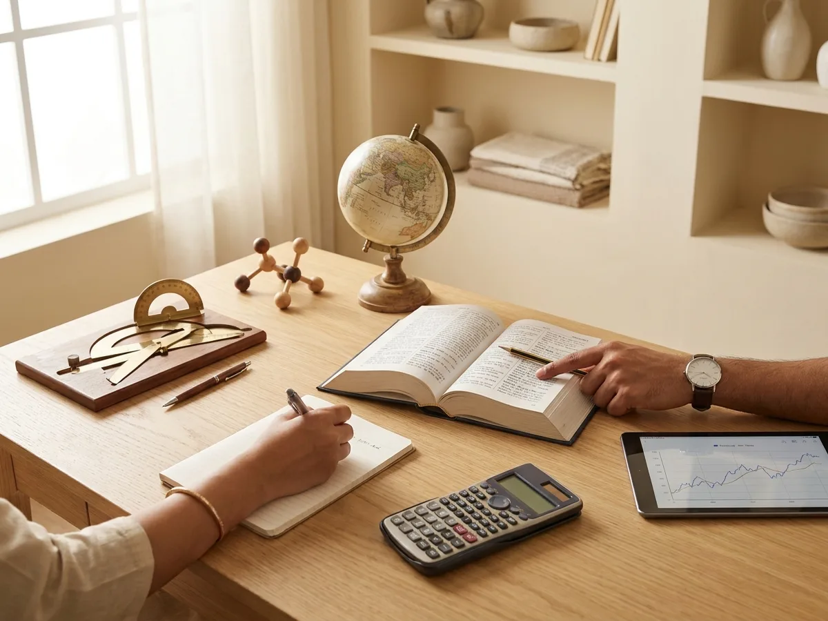 A refined overhead composition of learning materials including a geometry set, molecular model, globe, dictionary, calculator and tablet with a student writing under a tutor's guidance