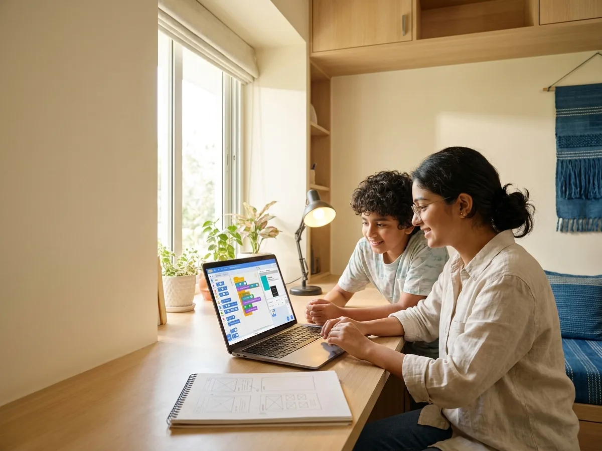 An Indian teenage student and a young tutor working together on a laptop showing a block-based coding project in a modern home workspace