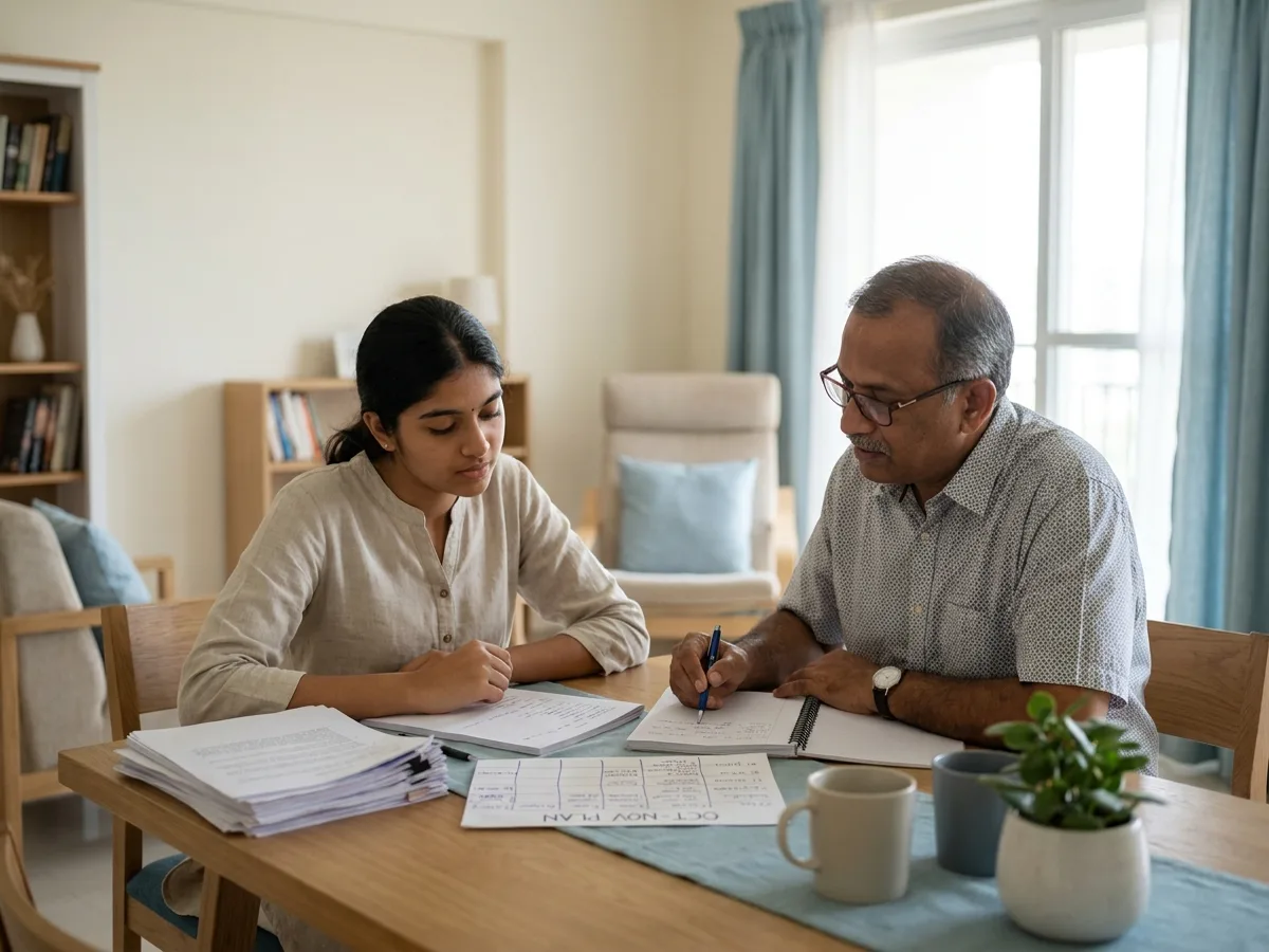 A focused Indian student with organised practice question sets and a handwritten study schedule working through a solution with an experienced tutor