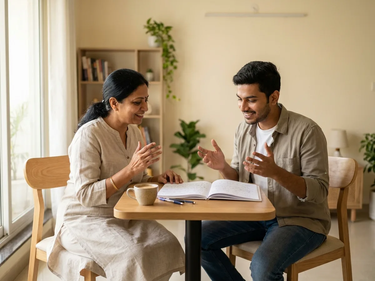 An Indian language tutor and an adult learner in an engaging one-to-one conversation lesson at a bright home table with a vocabulary notebook