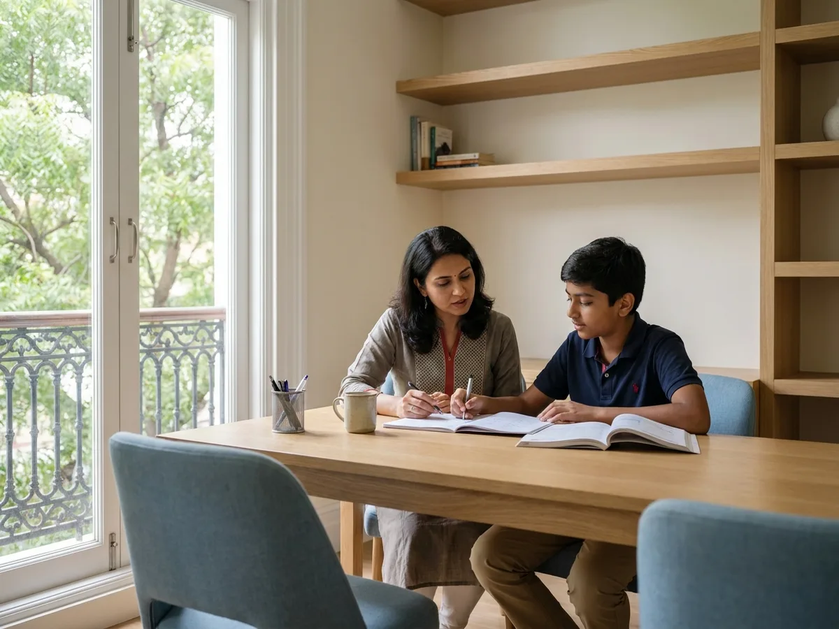 A female tutor and a teenage Indian student studying at a table in an elegant South Delhi home with tall windows and a classic balcony railing