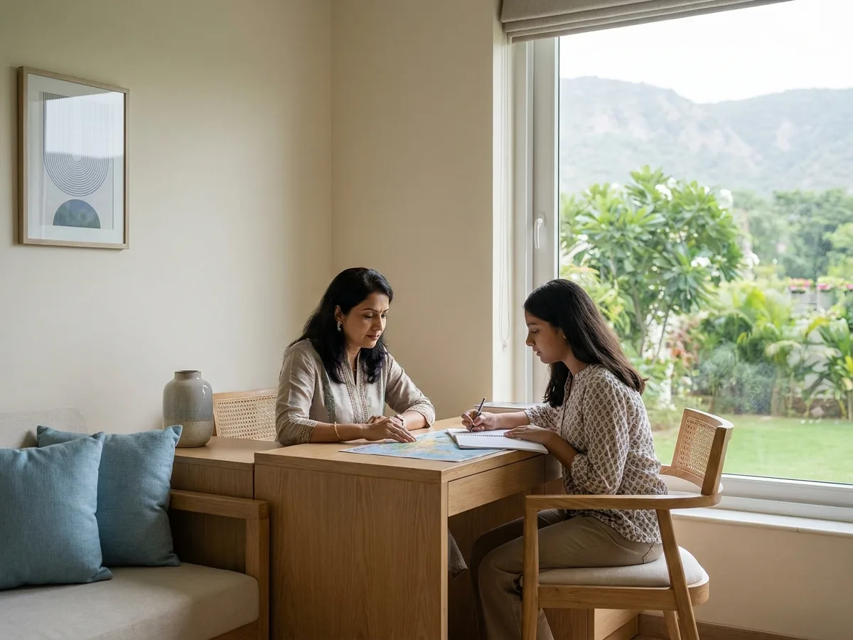A female tutor and a teenage Indian student at a desk by a window in a comfortable Faridabad house with a garden and distant hills