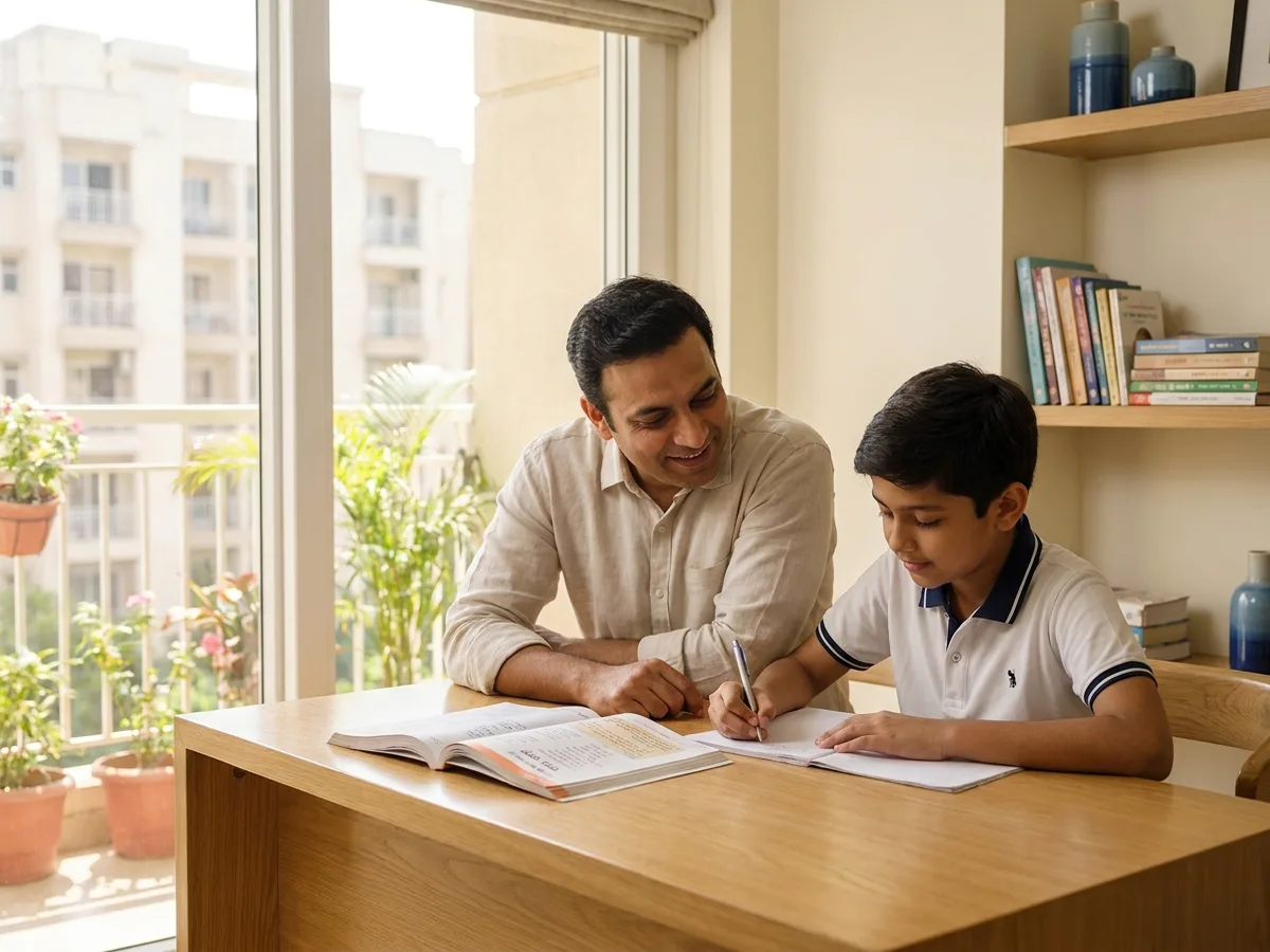 A male tutor and a young Indian boy studying at a desk in a bright Ghaziabad family apartment with a plant-filled balcony