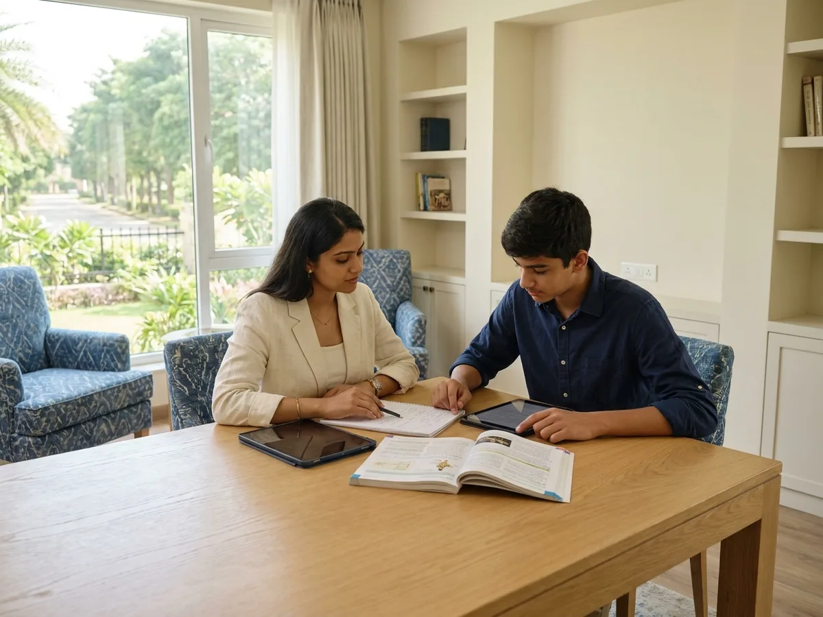 A young female tutor and a teenage Indian student studying at a dining table in an airy villa-style Greater Noida home with a garden view