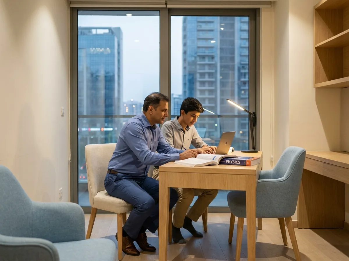 A male tutor and a senior-secondary Indian student at a desk in a high-rise Gurgaon apartment with glass towers visible through floor-to-ceiling windows
