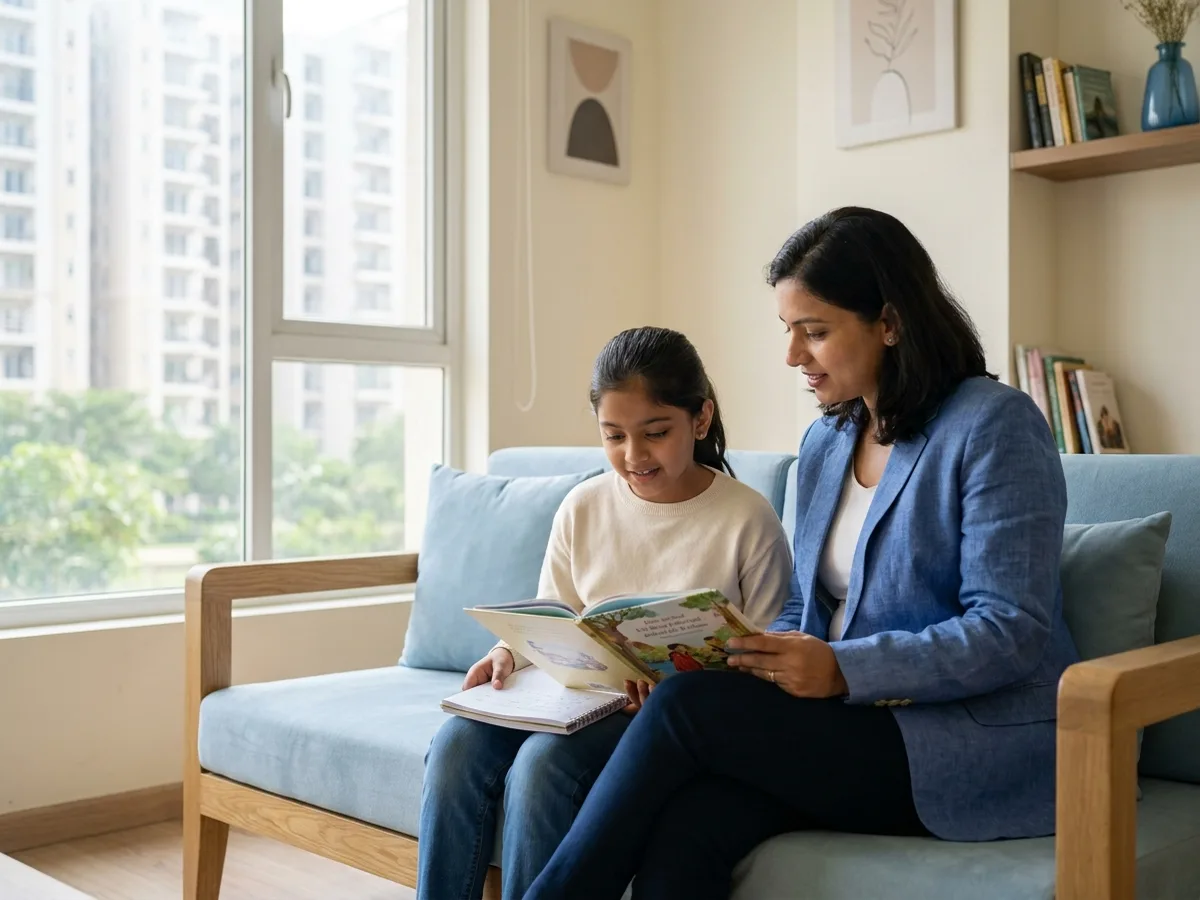 A female tutor and a young Indian girl reading together on a sofa in a bright contemporary Noida apartment with a view of a green residential complex