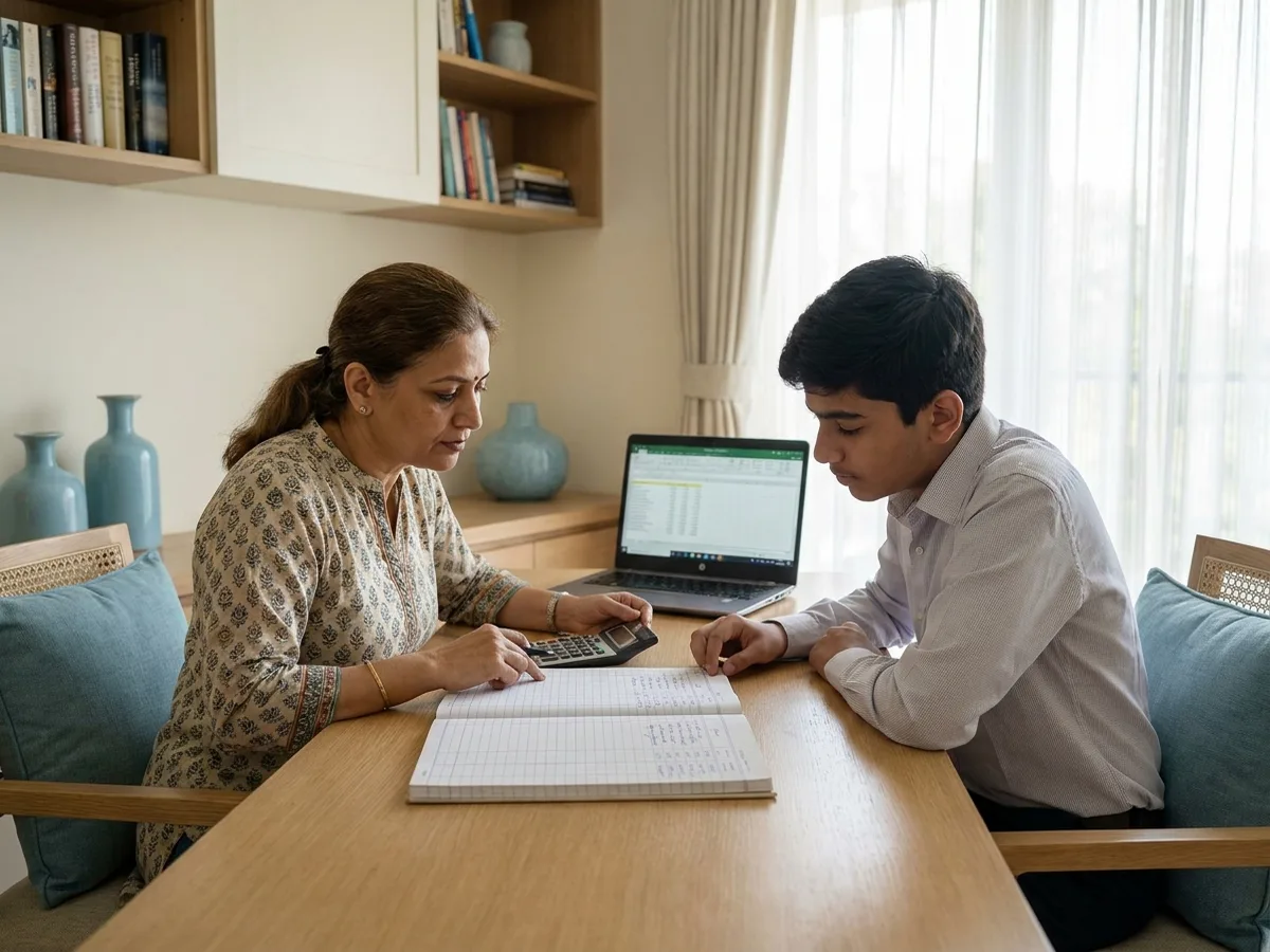 A professional female tutor and a senior-secondary Indian commerce student working through a ruled accounts book with a calculator at a modern desk
