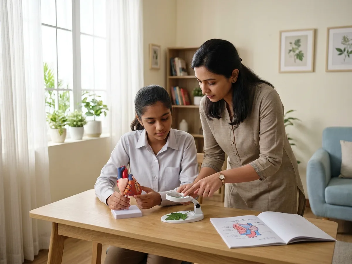 A female tutor and a teenage Indian girl studying an anatomical heart model and a leaf under a desk magnifier beside a labelled biology diagram