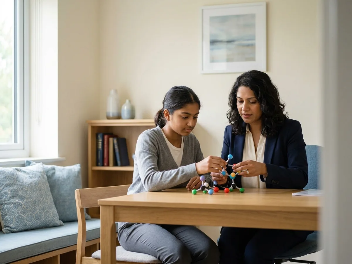 A female tutor and a senior-secondary Indian student assembling a colourful ball-and-stick molecular model at a clean study desk