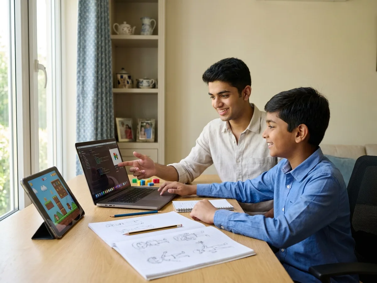 A young Indian child and a male tutor building a colourful block-based game on a laptop with a tablet showing the running game