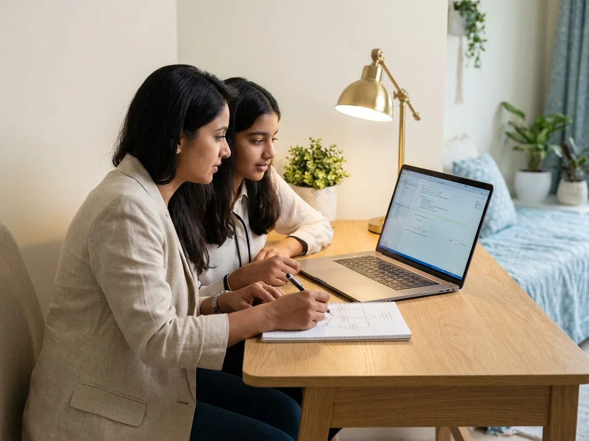 A young female tutor and a teenage Indian student writing a simple program together on a laptop beside a notebook flowchart sketch