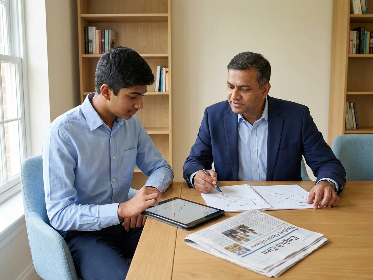 A male tutor and a senior-secondary Indian student discussing hand-drawn supply and demand curves with a tablet showing a line graph