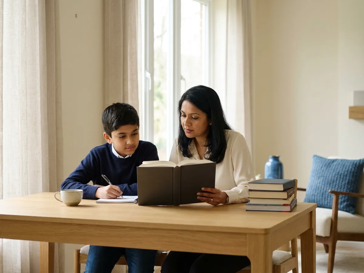 A warm female tutor and a young Indian student reading a hardcover book together while the student writes a paragraph in a notebook