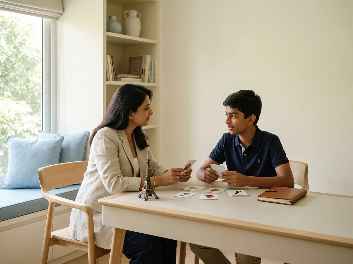 A stylish female French tutor and a teenage Indian student in a conversation lesson with picture flashcards and a small Eiffel Tower desk ornament