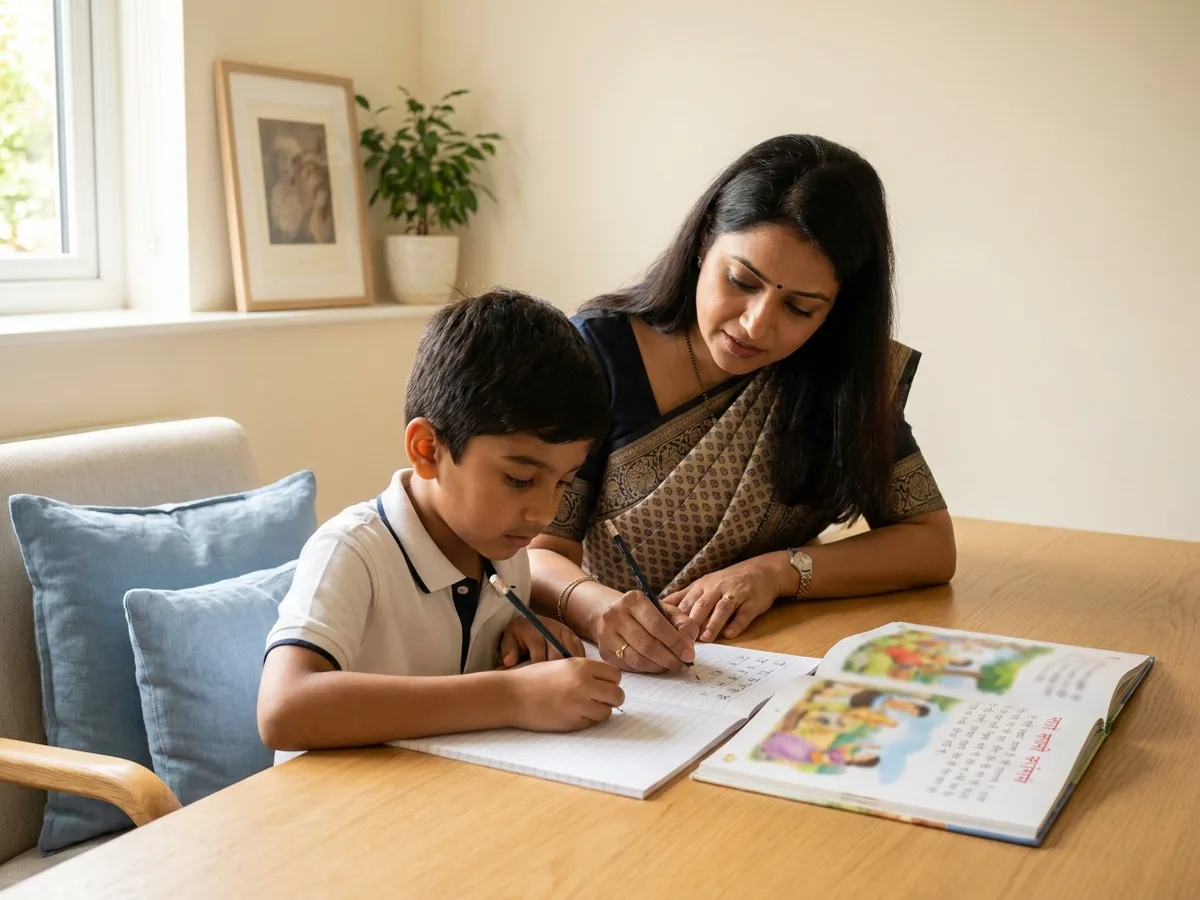 An elegant female tutor in a sari helping a young Indian child practise Devanagari handwriting in a ruled notebook beside an illustrated Hindi storybook