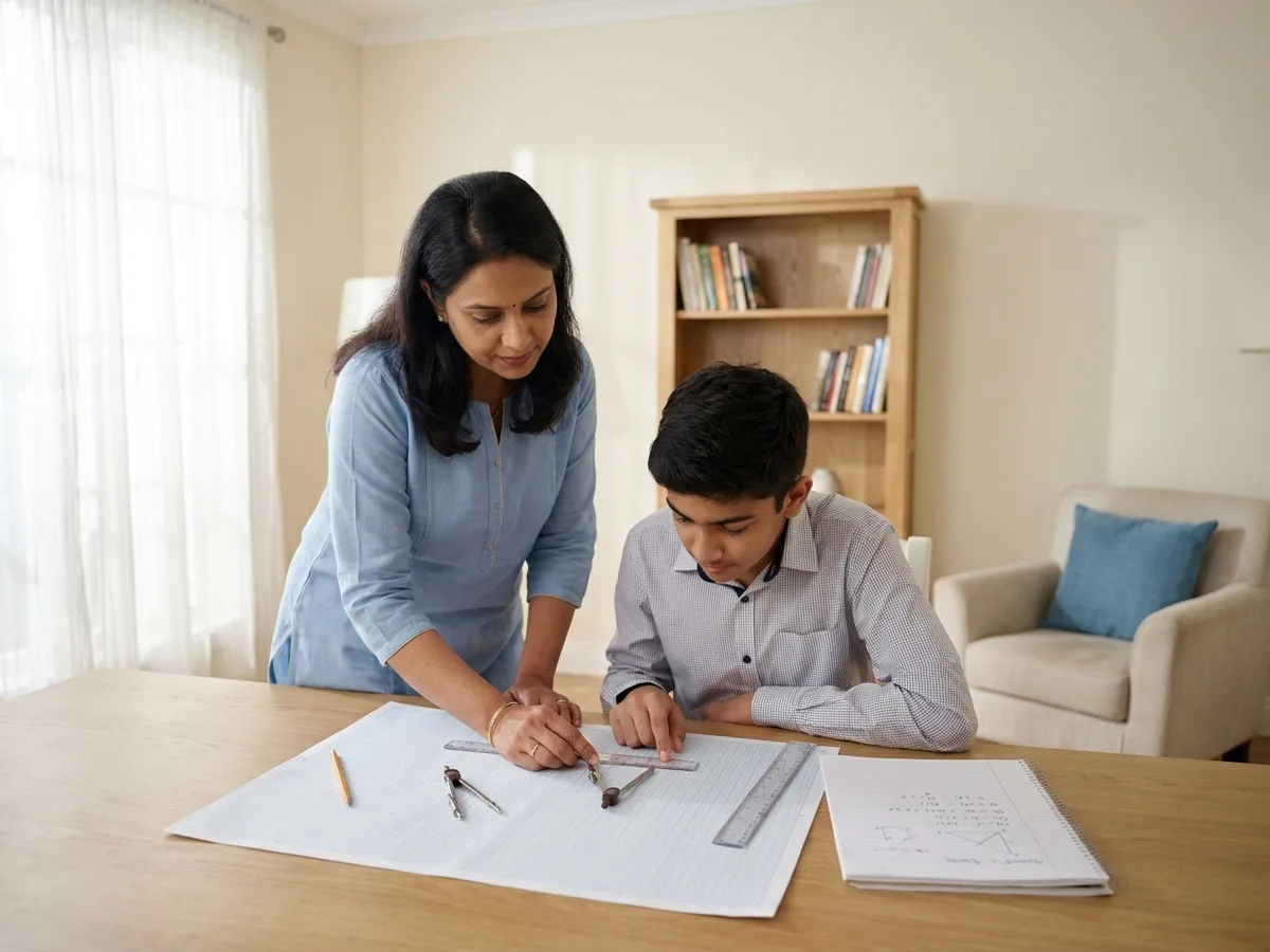 An Indian student and an elegant female tutor solving a geometry construction with compass and ruler on graph paper at a home study desk