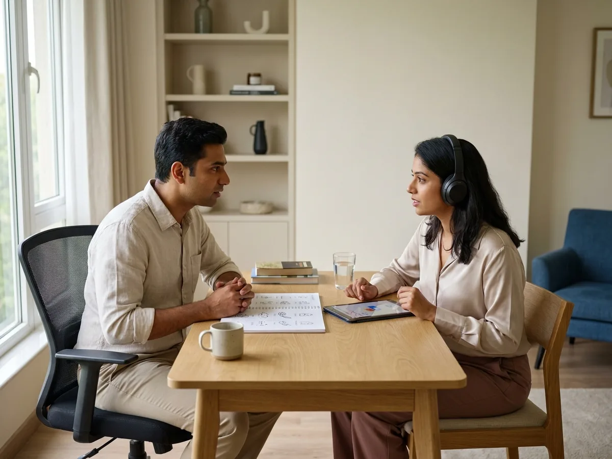 A professional male tutor and an adult Indian learner in a one-to-one language conversation lesson with a vocabulary notebook, headphones and a tablet