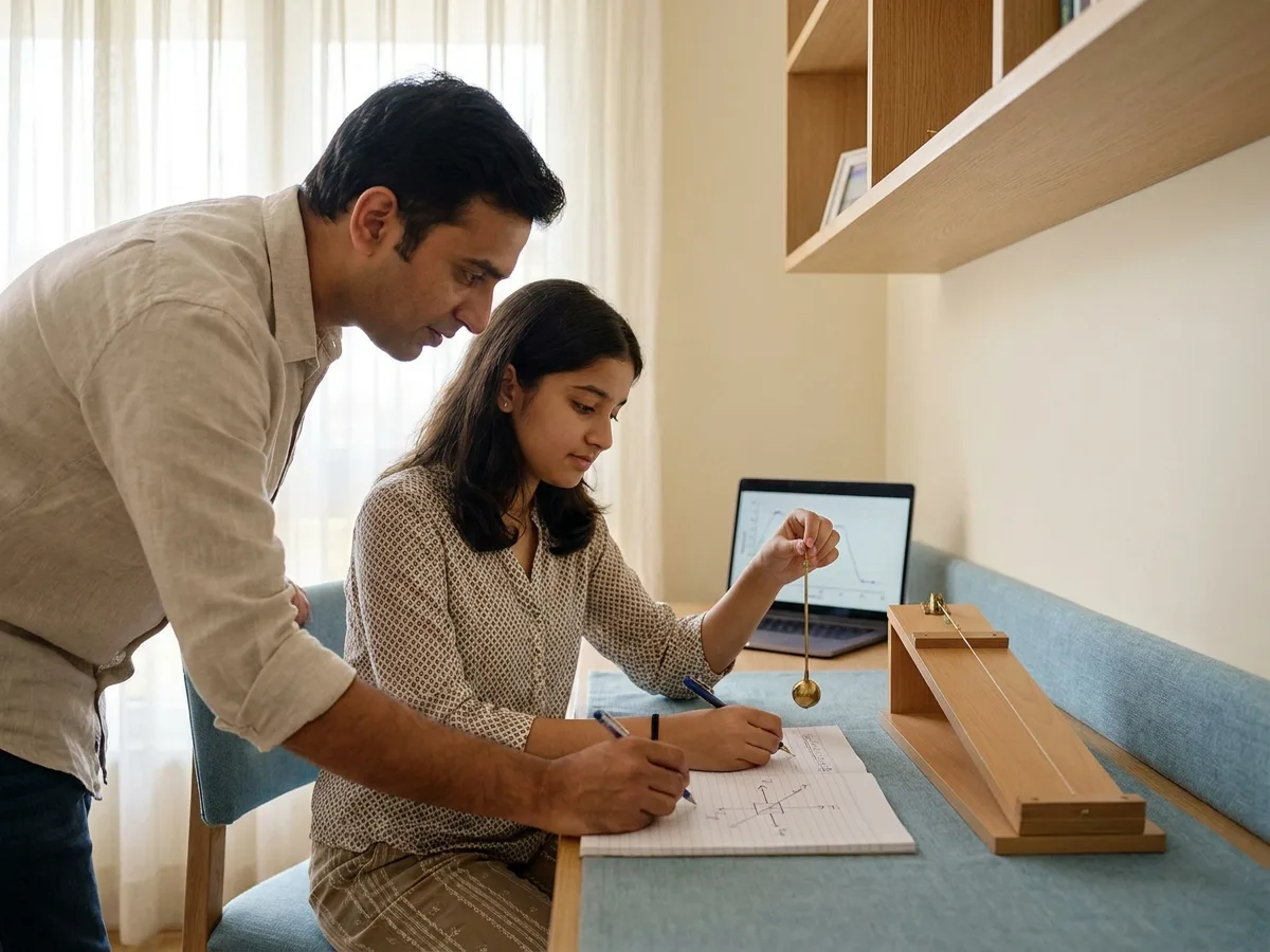 A male tutor and a senior-secondary Indian student examining a pendulum and inclined-plane model while sketching a force diagram