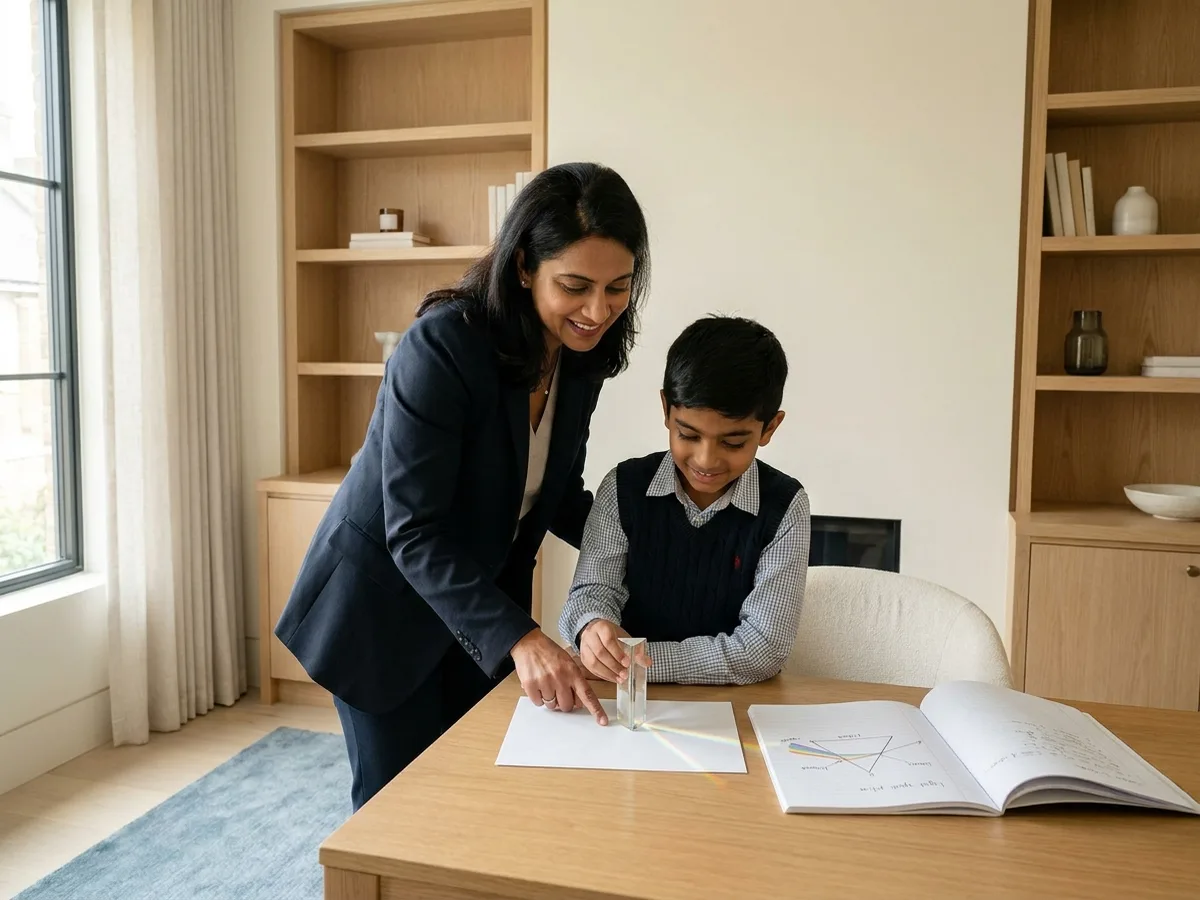 A female tutor and a young Indian student observing a prism splitting light into a spectrum on white paper beside a labelled notebook diagram