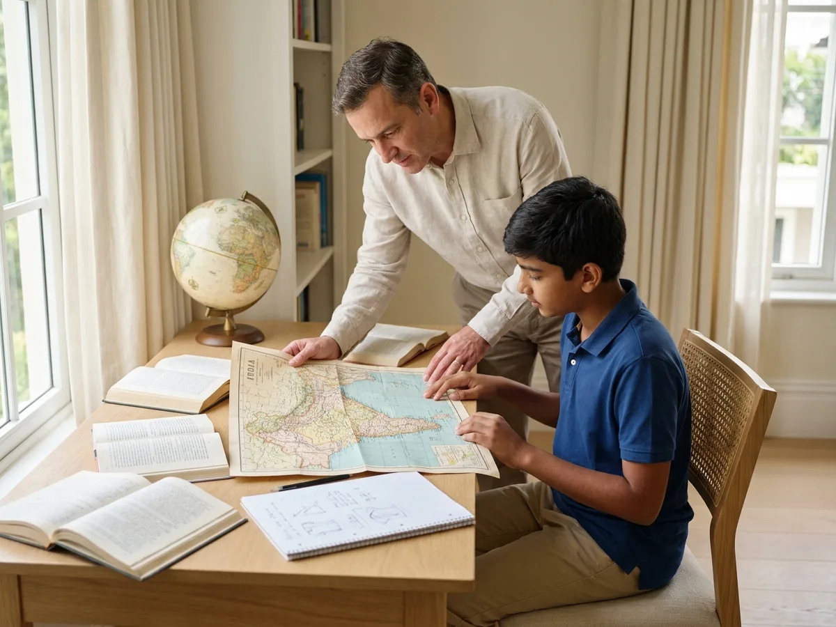 A male tutor and a middle-school Indian student studying a large map of India and a globe with a timeline sketched in a notebook